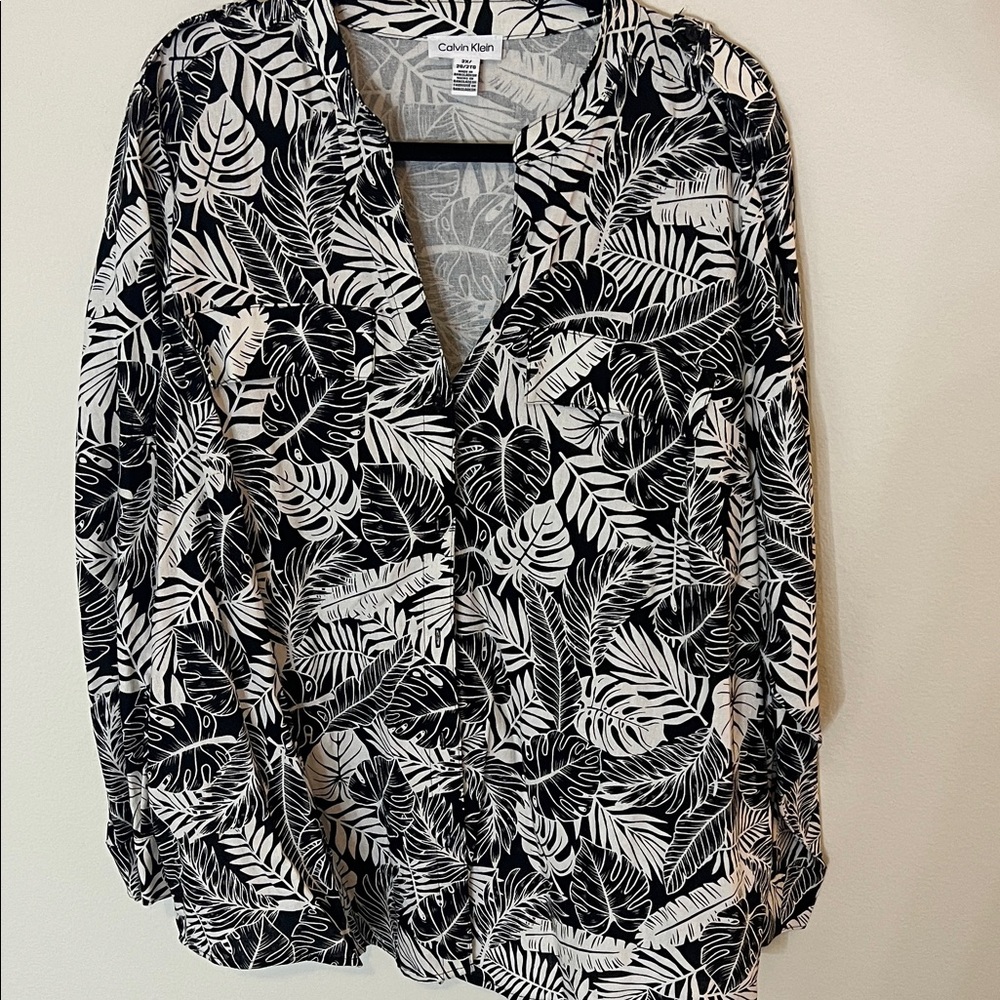 Calvin Klein Black and White Leaf Print Blouse
